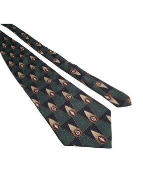 Bill Blass Black Label Men Geometric Tie Navy Green Gold Silk Classic Menswear